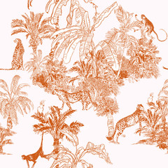 Monkey, Cheetah Wild Animals, Birds in Tropical Forest with Palms, Engraving Print, Toile Monochrome Linear Drawing Jungle Wildlife, Ochre on White Background
