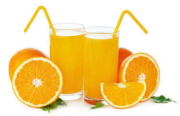 Two glasses with fresh orange juice isolated on white
