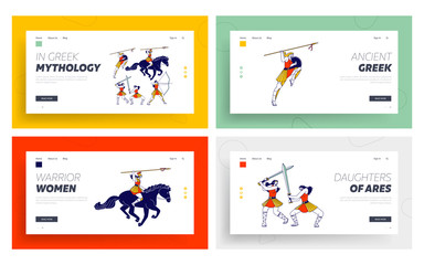 Obraz na płótnie Canvas Amazons Women Warriors with Weapon Landing Page Template Set. Female Characters with Spears, Bow and Swords Fighting