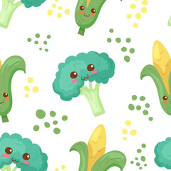 Green broccoli & corn cartoon characters. Abstract vector kawaii fruits illustration in cute cartoon style in seamless pattern on white. Adorable menu design, fabric print. Healthy fresh vegetables.