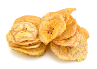 Banana chips on white background