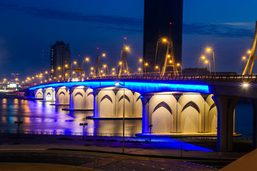DUBAI, UAE - MAY 09 of 2016 : Business bay crossing bridge,13-lane-bridge, over the Dubai...
