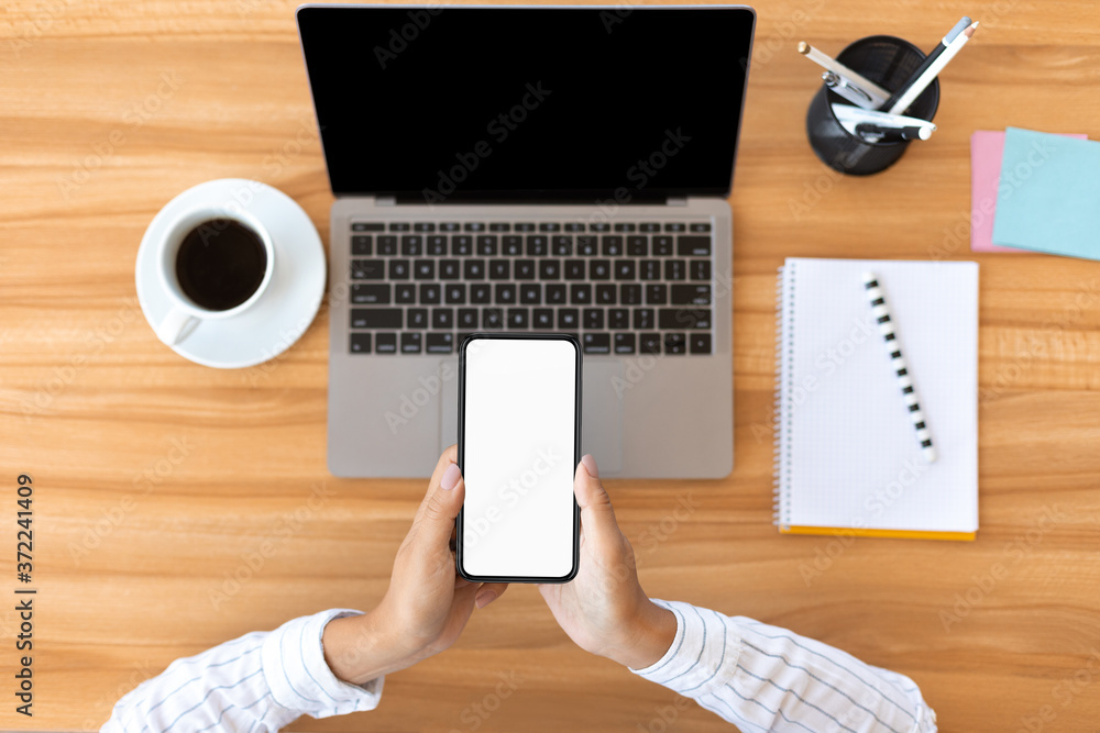 Poster top view lady using smart phone with mockup