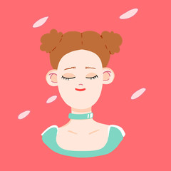 Young tender girl under pink sakura petals. Spring of youth. A life. Tenderness.