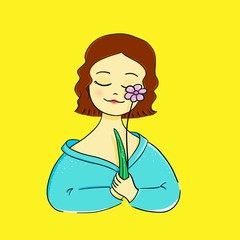 Sensual beautiful tender woman in a blue shirt with a flower in her hand. Ecology. A life. Beauty. Aesthetics