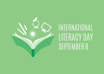 International Literacy Day vector. Open book with knowledge icons vector. Study icons set. Human abilities vector. Education symbol vector. Literacy Day Poster, September 8. Important day