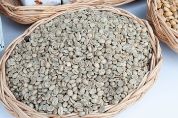Fresh unroasted coffee beans in the basket