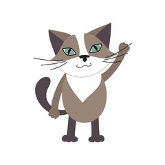 Vector illustration with cute siamese cat. The cat waves a paw. Design element for children's rooms, packaging, print, clothes, cards, backgrounds and other uses.