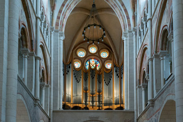 interior view of the historic Limburg cathedral with a view of the pipe organ