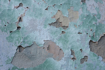 green cracked texture of plaster, with elements of rubbed gray paint. The pastel tone of a textured street wall. Crack in the wall, multiple holes in the old green plaster