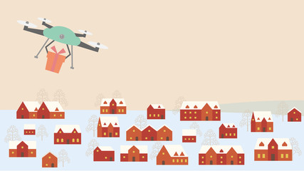 Naklejka premium ドローンがプレゼントを運ぶ冬の街並み