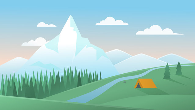 Mountain summer landscape vector illustration. Cartoon flat peaceful mountainous nature scenery with tourist tent camping on green meadow hill, pine forest and river, natural summertime background