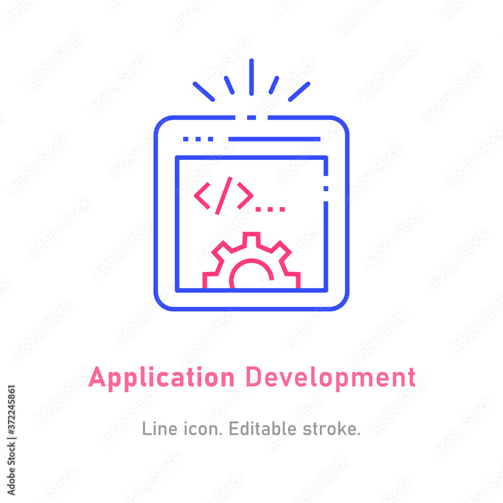 Poster application development line icon on white background. editable stroke.