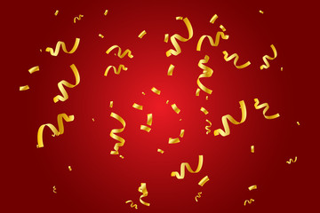 Obraz premium Golden Tiny Confetti And Streamer Ribbon Falling On Red Background. Chinese New Year. Vector