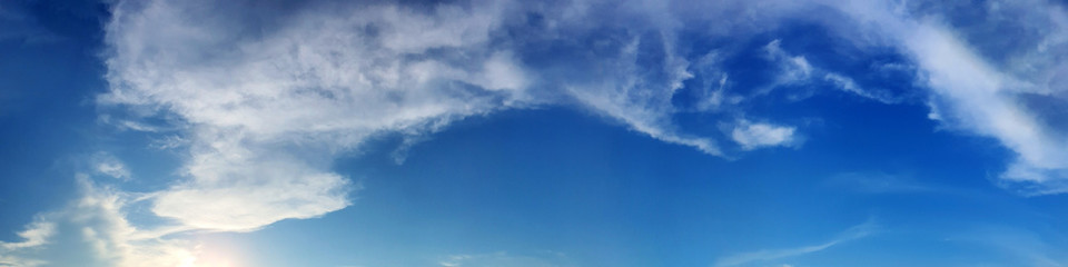Blue sky panorama with cloud on a sunny day. Beautiful 180 degree panoramic image.