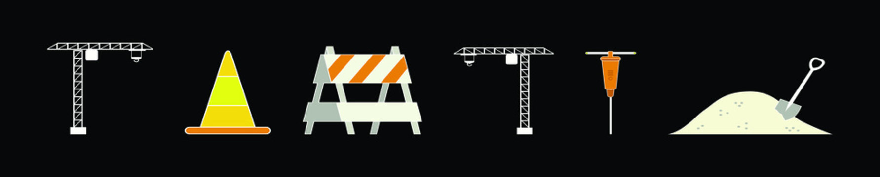 a set of construction icon with various models. jack hammer, traffic cone and more design template for road repair. vector illustration isolated on black background