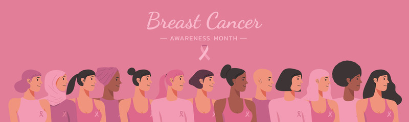 Obraz na płótnie Canvas breast cancer awareness month web banner of diverse ethnic females group together with pink support ribbon concept, cartoon girl characters for disease prevention campaign, vector flat illustration