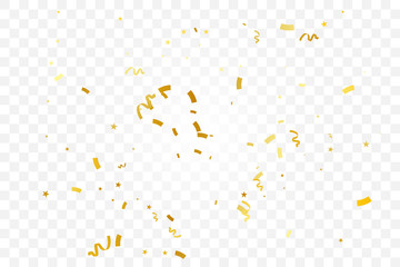 Golden Tiny Confetti And Streamer Ribbon Falling On Transparent Background. Vector