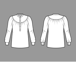 Blouse technical fashion illustration with gathered yoke, long sleeves, curved mandarin collar, relaxed shape. Flat shirt apparel template front, back, white color. Women, men unisex top CAD mockup