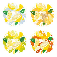 Set of slices of lemon on abstract background. Lemons, zest, ginger, honey and tea. Vector illustration - 372247488