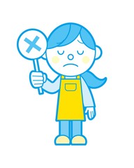 ×の札を持っているエプロン姿の女性 シンプルカラー