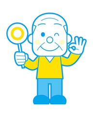 ○の札を持っている高齢男性 シンプルカラー