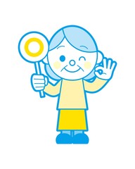 ○の札を持っている高齢女性_シンプルカラー