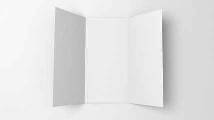 A4 blank paper trifold 3d rendering on grey background. Lifleat 3d illustration for mock up