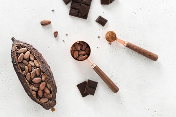 Flat lay composition with cocoa beans, chocolate pieces, cocoa powder and pods on white concrete...