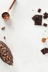 Cocoa beans and cocoa pod with cocoa powder on a white concrete background. Top view, flat lay, copy space. Organic food, natural chocolate.