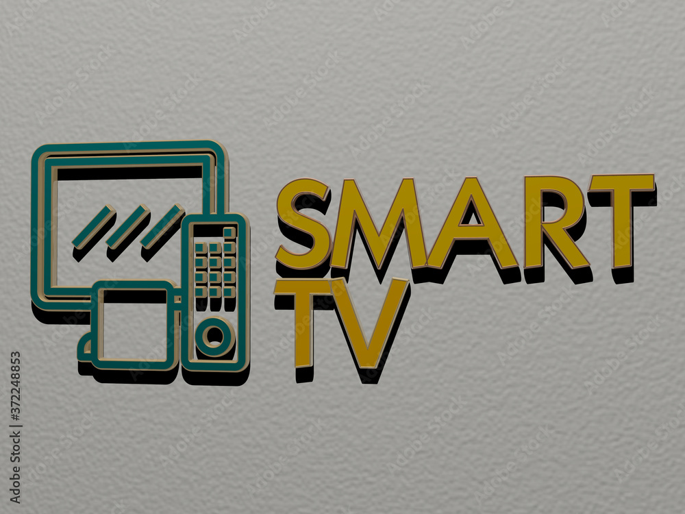 Poster 3d graphical image of smart tv vertically along with text built by metallic cubic letters from the t