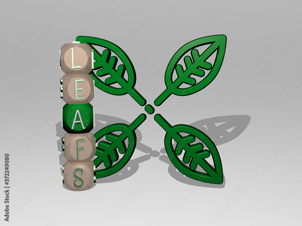 Poster 3d graphical image of leafs vertically along with text built around the icon by metallic cubic lette