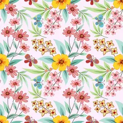 Foto op Plexiglas anti-reflex Colorful hand draw flowers seamless pattern for fabric textile wallpaper. © teerawat