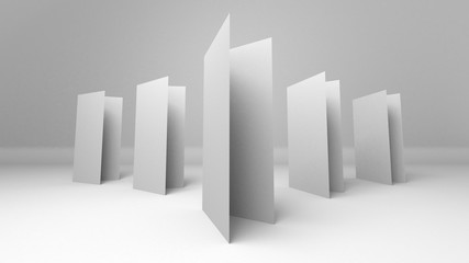 A4 blank paper trifold 3d rendering on grey background. Lifleat 3d illustration for mock up