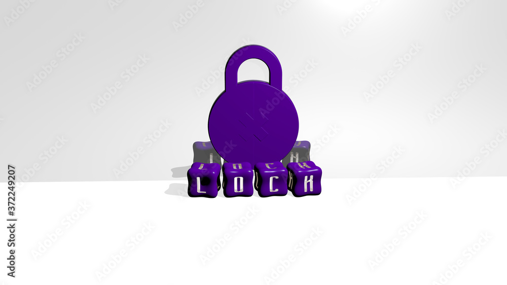 Poster 3d representation of lock with icon on the wall and text arranged by metallic cubic letters on a mir
