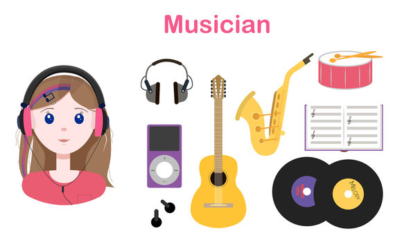 Young cute girl with long hair in headphones. Set of flat vector musical instruments guitar, drum, saxophone, music notebook, audio player, phonograph records. Vector illustration of a woman with big