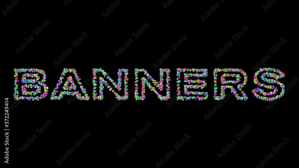 Poster banners written in 3d illustration by colorful small objects casting shadow on a black background fo