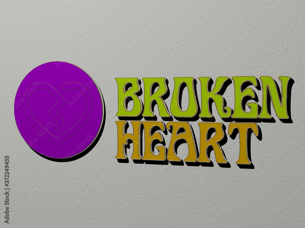 Poster 3d illustration of broken heart graphics and text made by metallic dice letters for the related mean