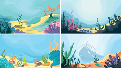 Fototapeta na wymiar Collection of underwater landscapes. Ocean floors in cartoon style.