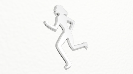 WOMAN RUNNING from a perspective on the wall. A thick sculpture made of metallic materials of 3D rendering for beautiful and young