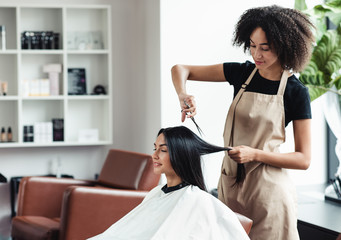 Young black hairdresser cutting hair of female customer at salon - obrazy, fototapety, plakaty
