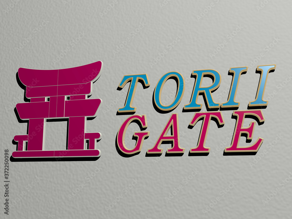 Poster 3d representation of torii gate with icon on the wall and text arranged by metallic cubic letters on