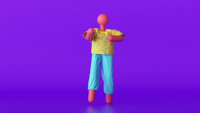3d cartoon dancer, abstract character wearing yellow shirt and blue pants isolated on violet background, dancing hipster person loop animation, modern minimal seamless motion design. Funny bald toy