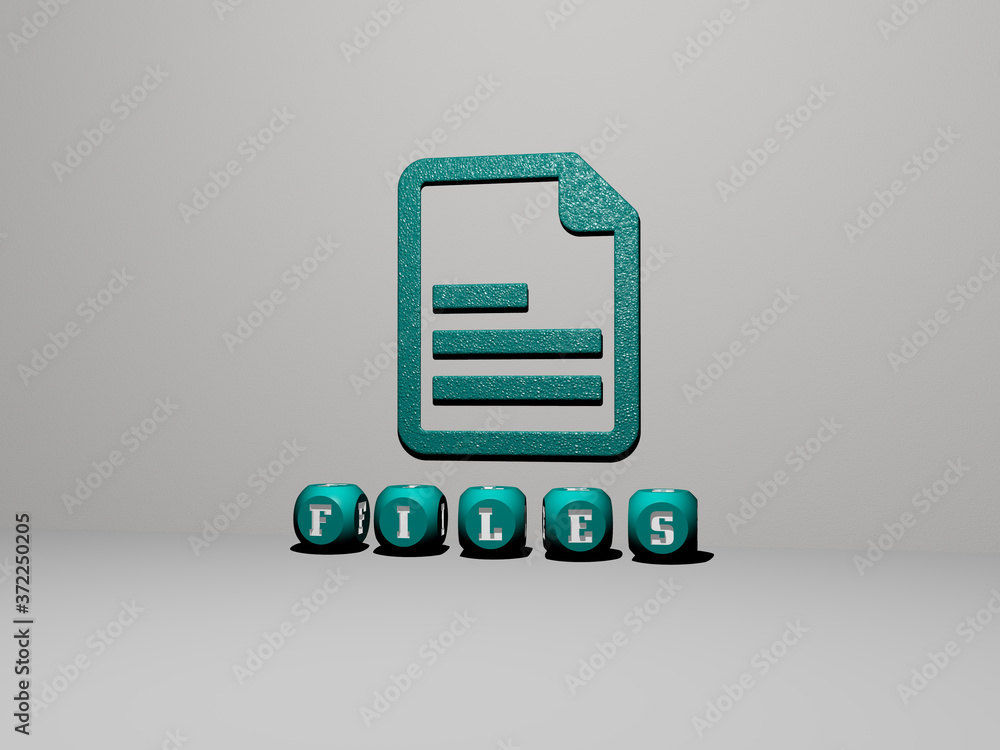Poster 3d representation of files with icon on the wall and text arranged by metallic cubic letters on a mi