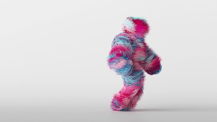 3d colorful hairy cartoon character funny hip hop dancing, furry beast having fun, fluffy mascot looping animation, modern minimal seamless motion design