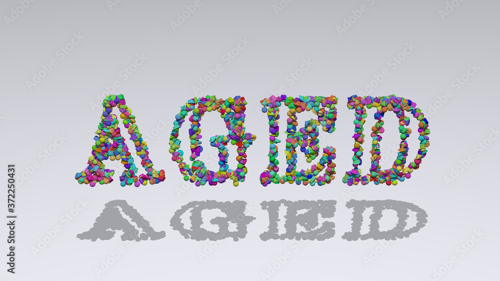 Poster aged: 3d illustration of the text made of small objects over a white background with shadows for old