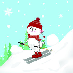 Winter of funny rabbit.Cute rabbit on skis. Vector illustration. Eps 10.