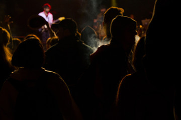 Live music concert, night life and crowd people, standing and listening music young adult people.
