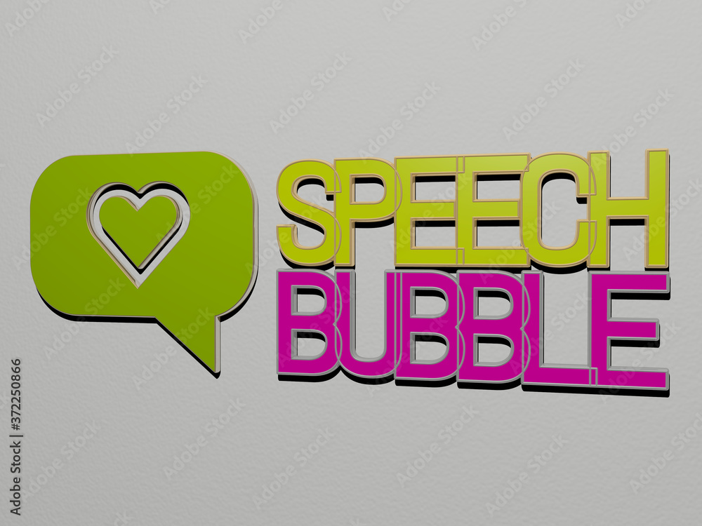 Poster 3d graphical image of speech bubble vertically along with text built by metallic cubic letters from 