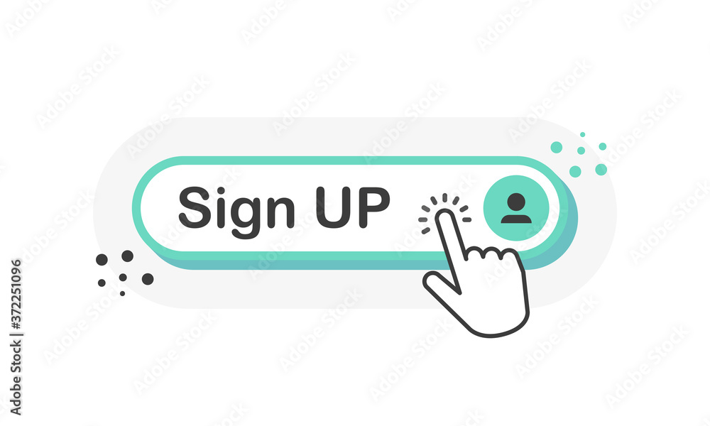 Poster sign up green 3d button with mouse pointer clicking. white background. vector illustration.